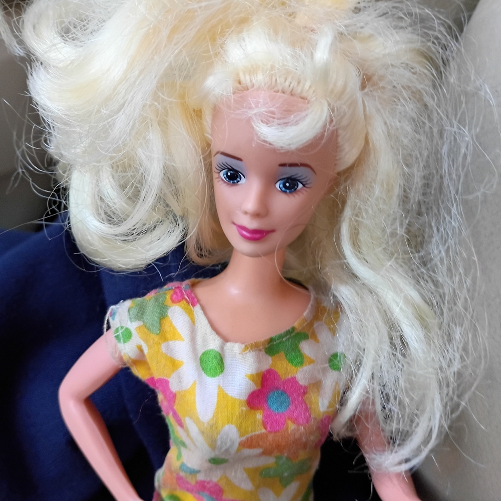 Back To 70s Style  Doll with Bright Floral Dress - Pink, Green, Yellow